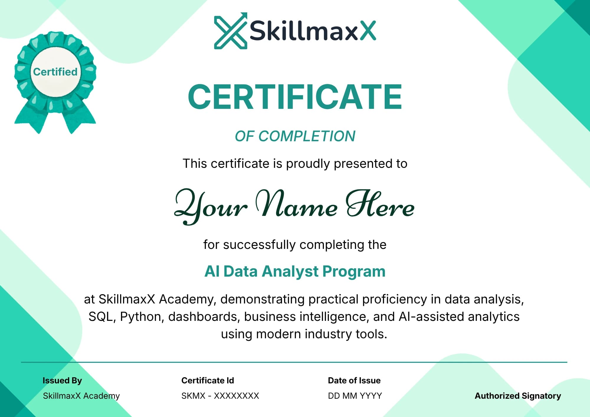 AI Data Analyst certificate sample