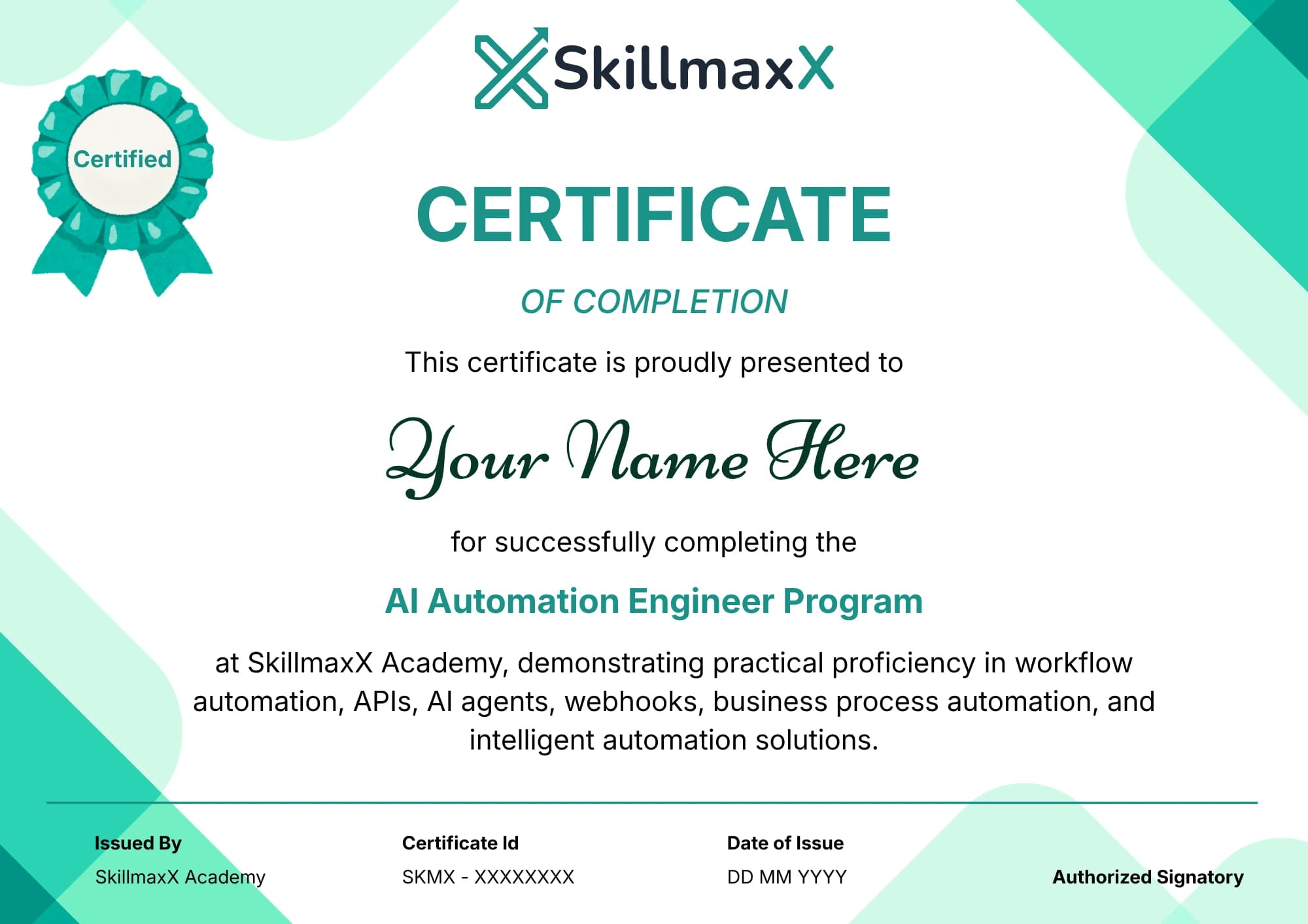AI Automation Engineer certificate sample