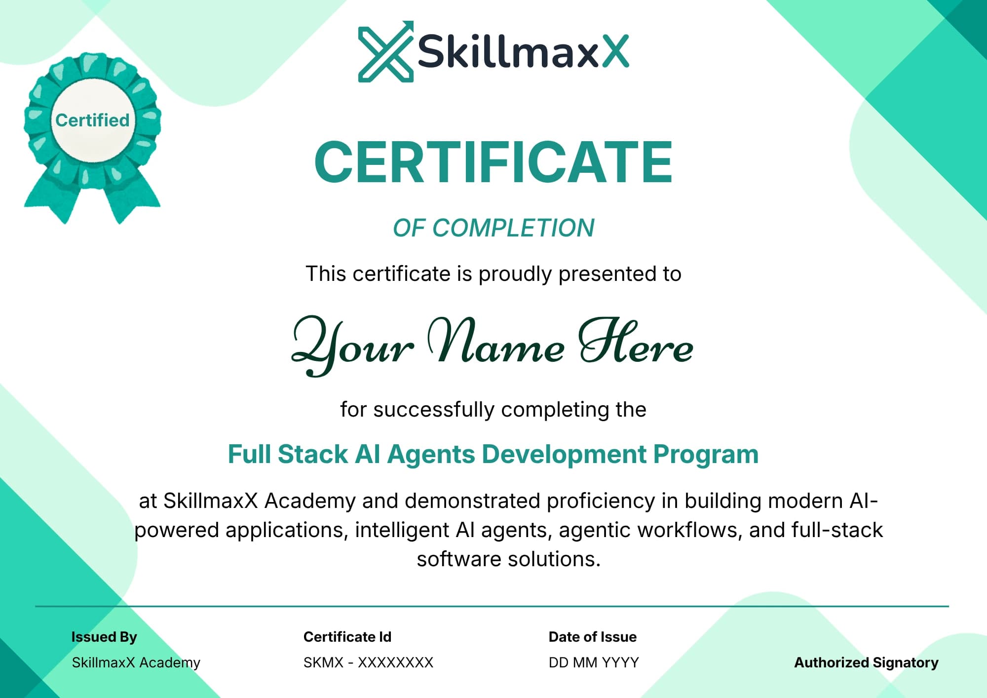 Full Stack AI Agent Developer certificate sample