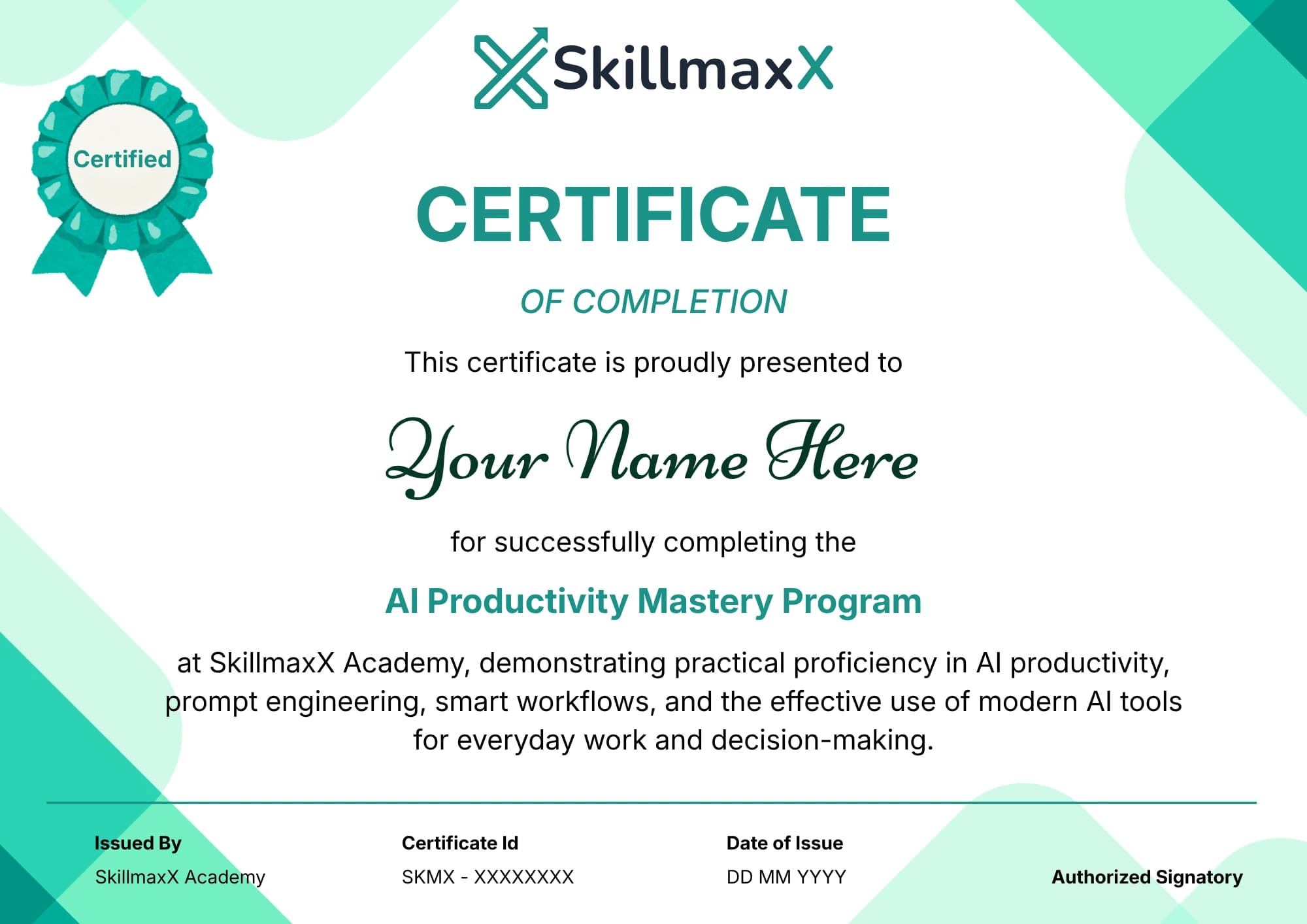 Sample SkillmaxX Academy completion certificate