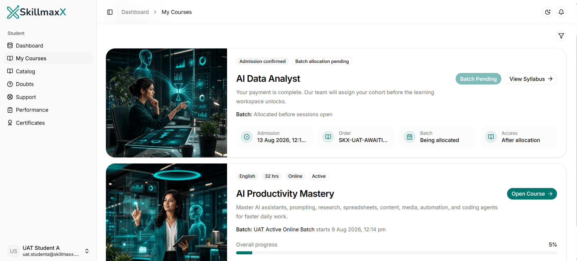 Structured learning path in the SkillmaxX learning platform
