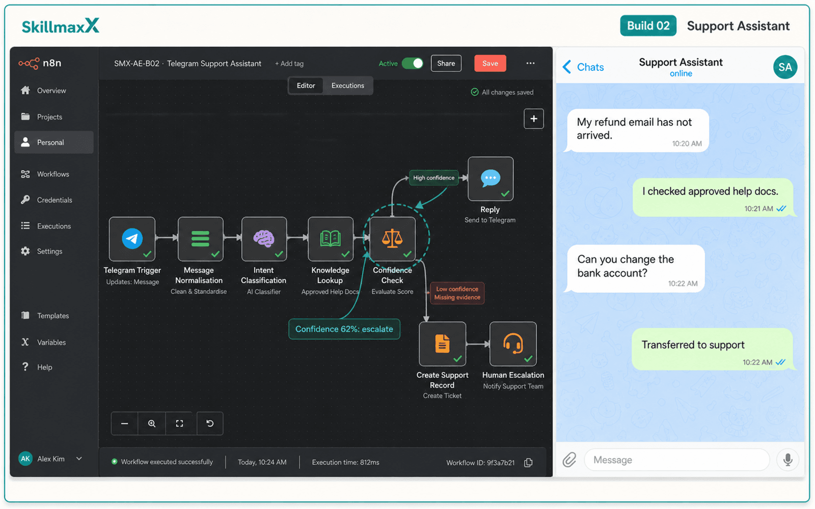 Illustrative guided build for Telegram Support Assistant
