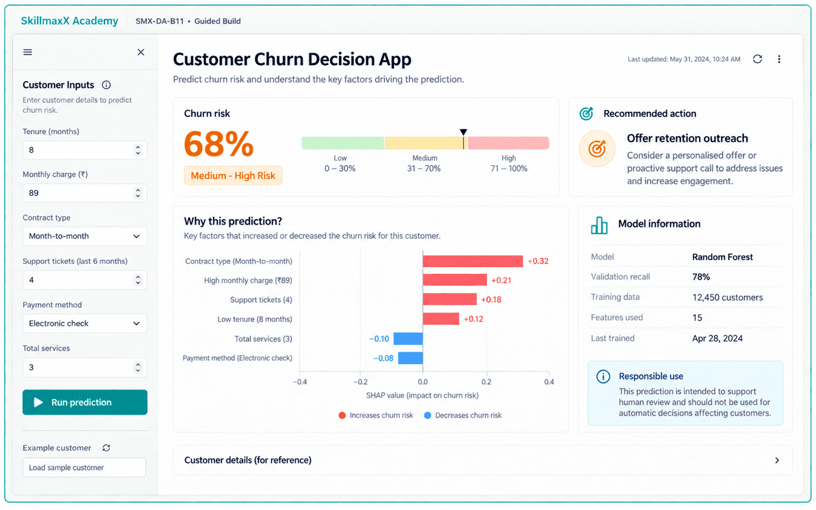 Illustrative guided build for Explainable ML Decision App
