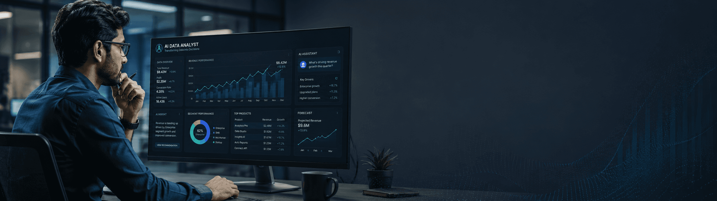 Data analyst reviewing a business dashboard and predictive-model output