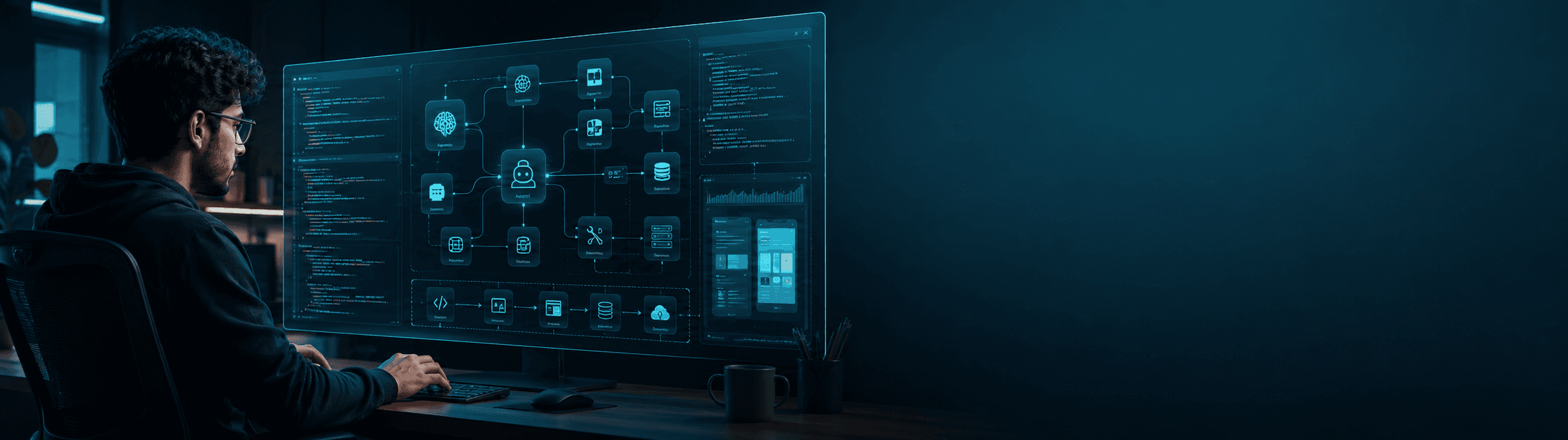 Developer working with an agent graph, application interface and deployment tools