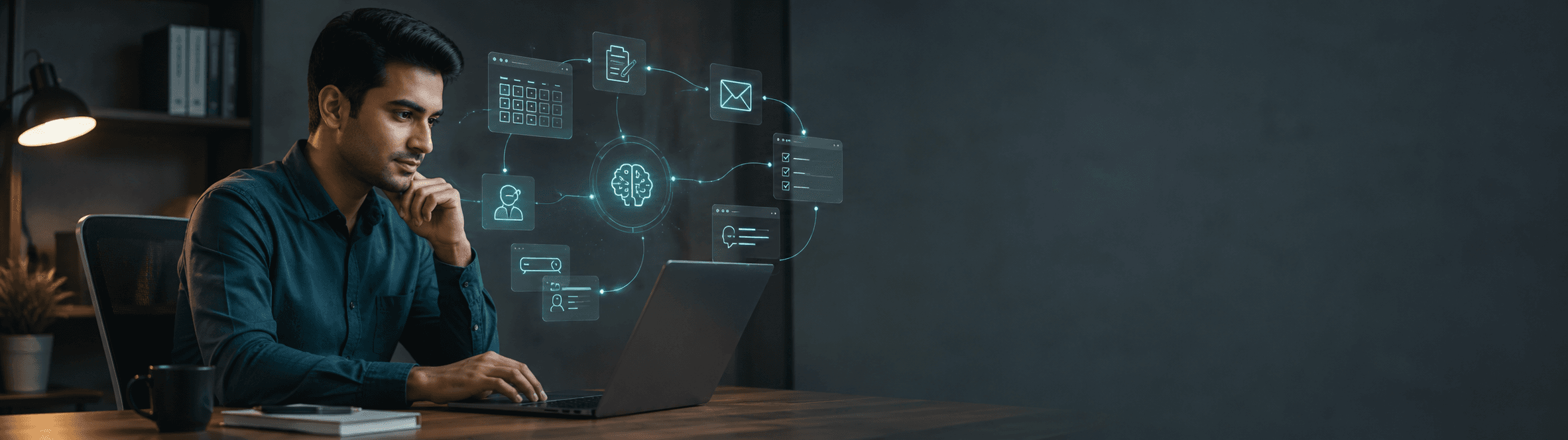 Professional using AI tools at a laptop